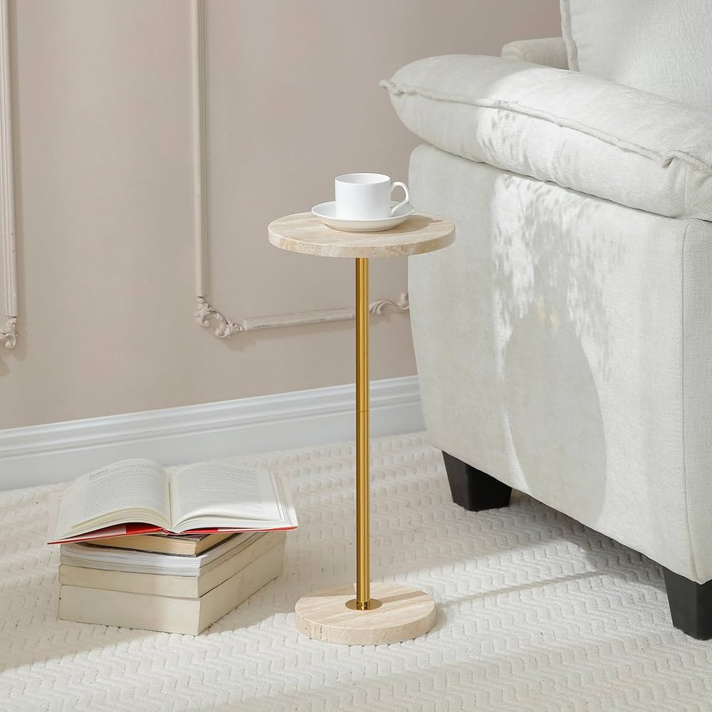 Φ9.8-inch Marble Round Drink Table, Stone Finish Pedestal End Table for Living Room, Weighted Ba... | Amazon (US)