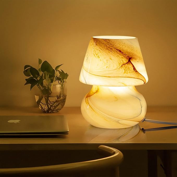 COOSA Mushroom Bedside Table Lamp,Glass LED Bedside Night Lamps, Desert Swirl Veins Small Nightst... | Amazon (US)