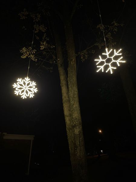 Christmas lights hanging snowflake lights outdoor holiday decorations yard decor christmas decor lighted snowflakes extensions cords holiday light timers 

#LTKhome #LTKSeasonal #LTKHoliday
