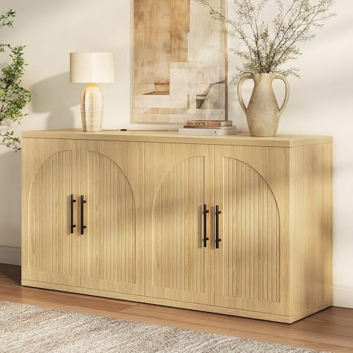 63" Fluted Buffet Cabinet with Storage, Modern Symmetrical Arched Sideboard Credenza with Adjusta... | Amazon (US)