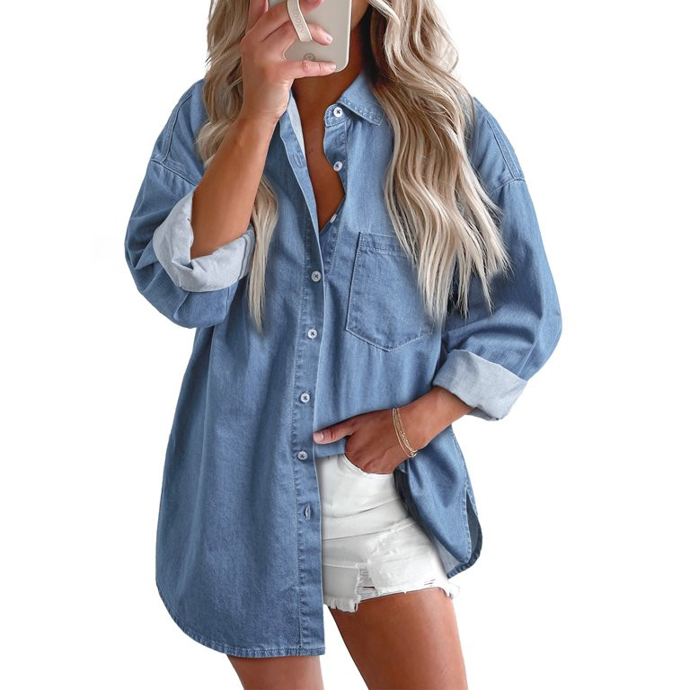 Eytino Denim Shirts for Women Button Down Jean Shirt Long Sleeve Solid Oversized Pocketed Denim J... | Walmart (US)
