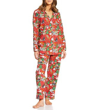 Printfresh Woven Organic Cotton Meowy Christmas Print Long Sleeve Notch Collar Long Pajama Set | ... | Dillard's