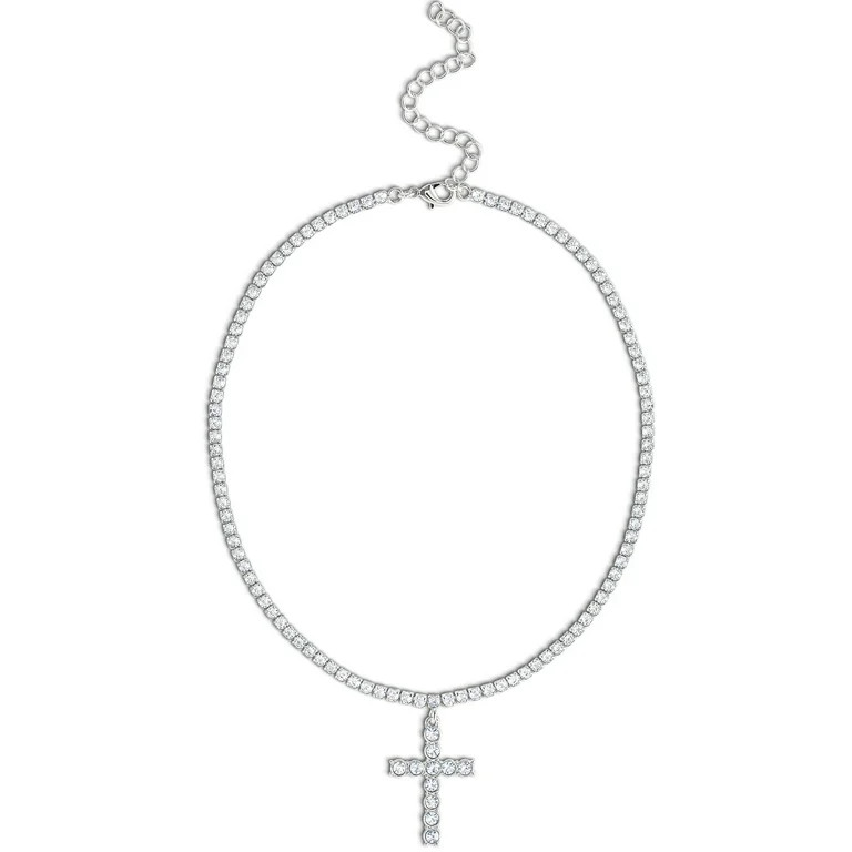 Jessica Simpson Women's Silver-Tone Pavé Crystal CZ Cross Necklace, 15″ + 3″ | Walmart (US)