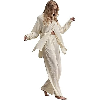 Floerns Women's 2 Piece Outfits Slit Hem Longline Blouse and Wide Leg Pants Set | Amazon (US)