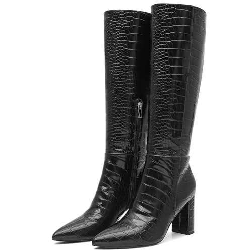 AOSPHIRAYLIAN Tall Black Boots for Women Knee High Boots Snake Faux Crocodile Boots Long Tall Boots Pointed Toe Chunky High Heel Boots with Zipper Block Heel Fashion Dress Boots Pull On Size 9.5 | Amazon (US)