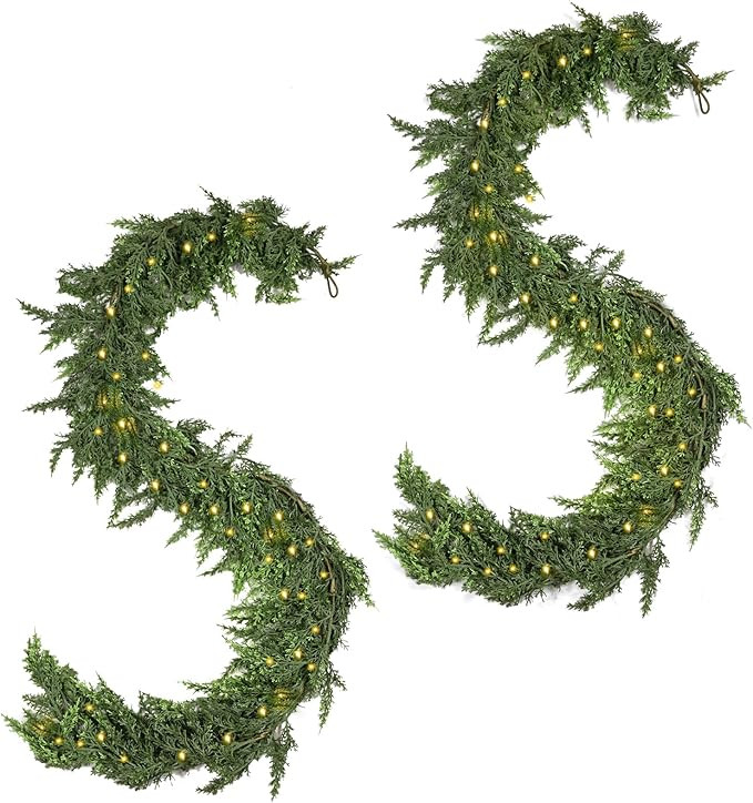 2 Pcs 6ft Christmas Garlands Cypress Garland with Lights, Pre-lit 160 Branches Real Touch Artific... | Amazon (US)