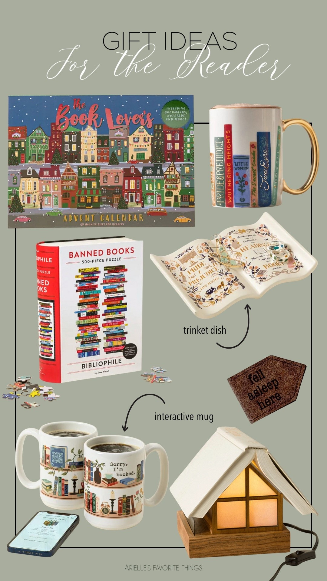 Gift Ideas for the Reader 📚

If you’re shopping for a book lover this season, this roundup is full of cozy, whimsical, and totally reader-approved gifts. I pulled together some of my favorites—like the Book Lover’s Advent Calendar packed with bookmarks, notepads, and little surprises for every day leading up to the holidays.
There’s also an adorable interactive mug (the design changes with heat!), a classic book-themed trinket dish for jewelry or bedside essentials, and the cutest “fell asleep here” bookmark that every late-night reader needs. I also included a banned books puzzle for cozy winter nights and the most magical book house lamp—it looks straight out of a storybook.

Perfect for readers, teachers, book club besties, or anyone who always has a novel in their bag. 

#LTKHoliday #LTKGiftGuide