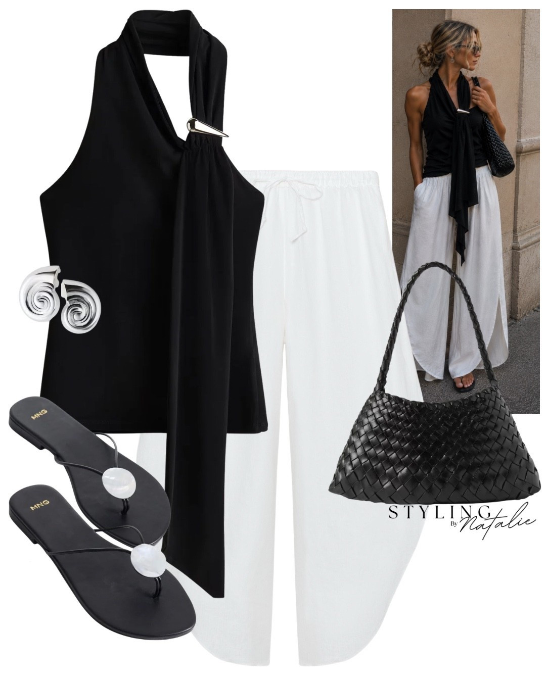 Black halter neck top with scarf and metal detail, vented flowy linen trousers, pearl detail sandals, woven tote bag and shell earrings.
🏷️ Balck and white outfit, H&M, dragon diffusion tote, Mango, Zara, holiday outfit, summer look, date night

#LTKsummer #LTKdatenight #LTKshoes