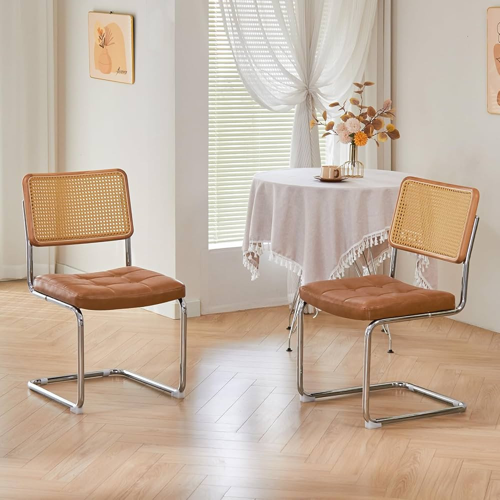 Mid Century Modern Dining Chairs Set of 2, Faux Leather Rattan Chairs with Solid Wood Frame and T... | Amazon (US)