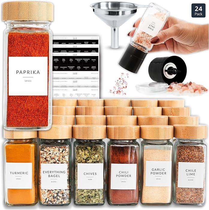 SAVVY & SORTED Glass Spice Jars with Label, 24PK Bamboo Jar Spices Set 4oz, 374 Spice Labels, Pep... | Amazon (US)