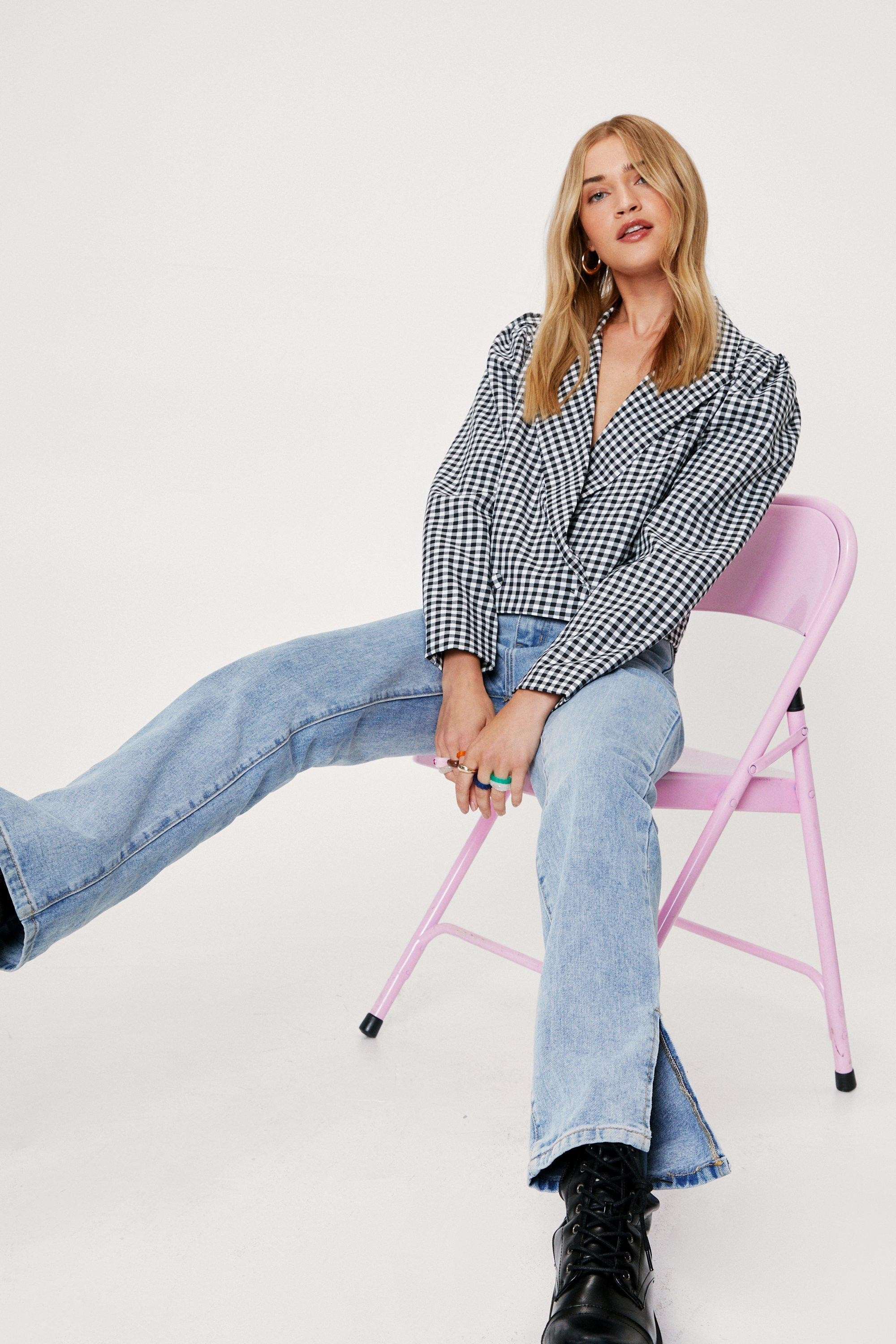 Gingham Print Cropped Puff Shoulder Blazer | Nasty Gal (US)