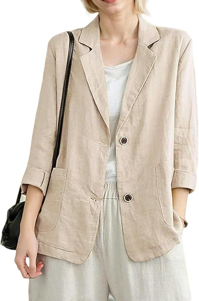MINTLIMIT Womens Linen Blazer Summer 3/4 Sleeve Notch Lapel Work Office Suit Casual Button Blazer... | Amazon (US)