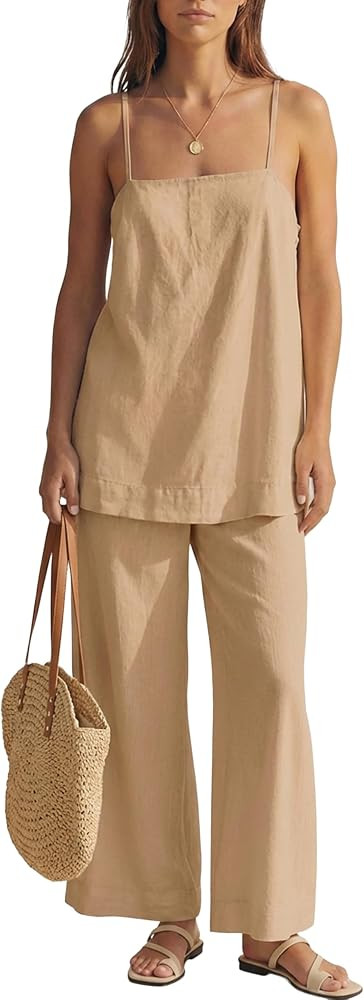 MAKABO Women's Two Piece Beach Vacation Pant Set Summer, Linen Feel Comfy Travel Outfits Casual T... | Amazon (US)