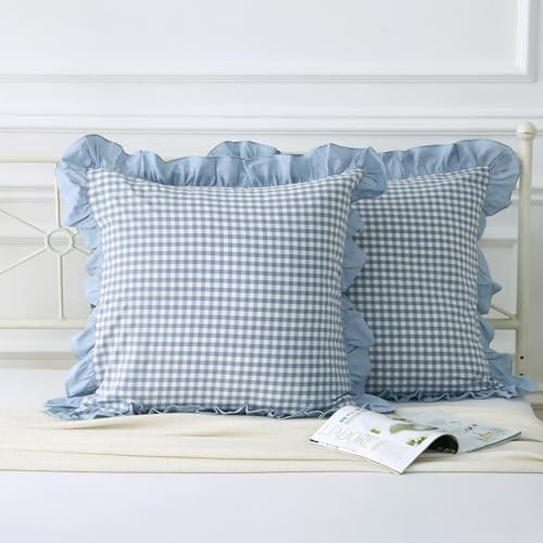 Mywinlle Blue White Plaid Euro Pillow Shams 2 Pack Ruffle Pillowcases,Shabby French Country Checkered Pillow Cover Washed Cotton Pillow Shams for Bed/Sofa (26"x26",Dusty Blue/White Plaid) | Amazon (US)