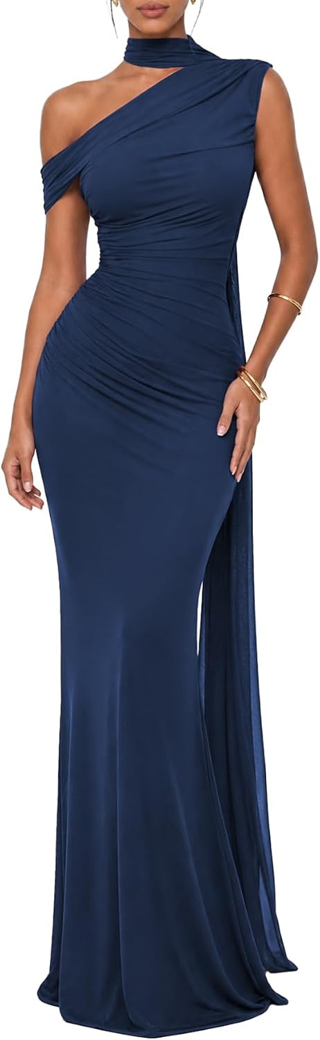Isolde Women's One Shoulder Mesh Ribbon Ruched Formal Maxi Dress | Amazon (US)