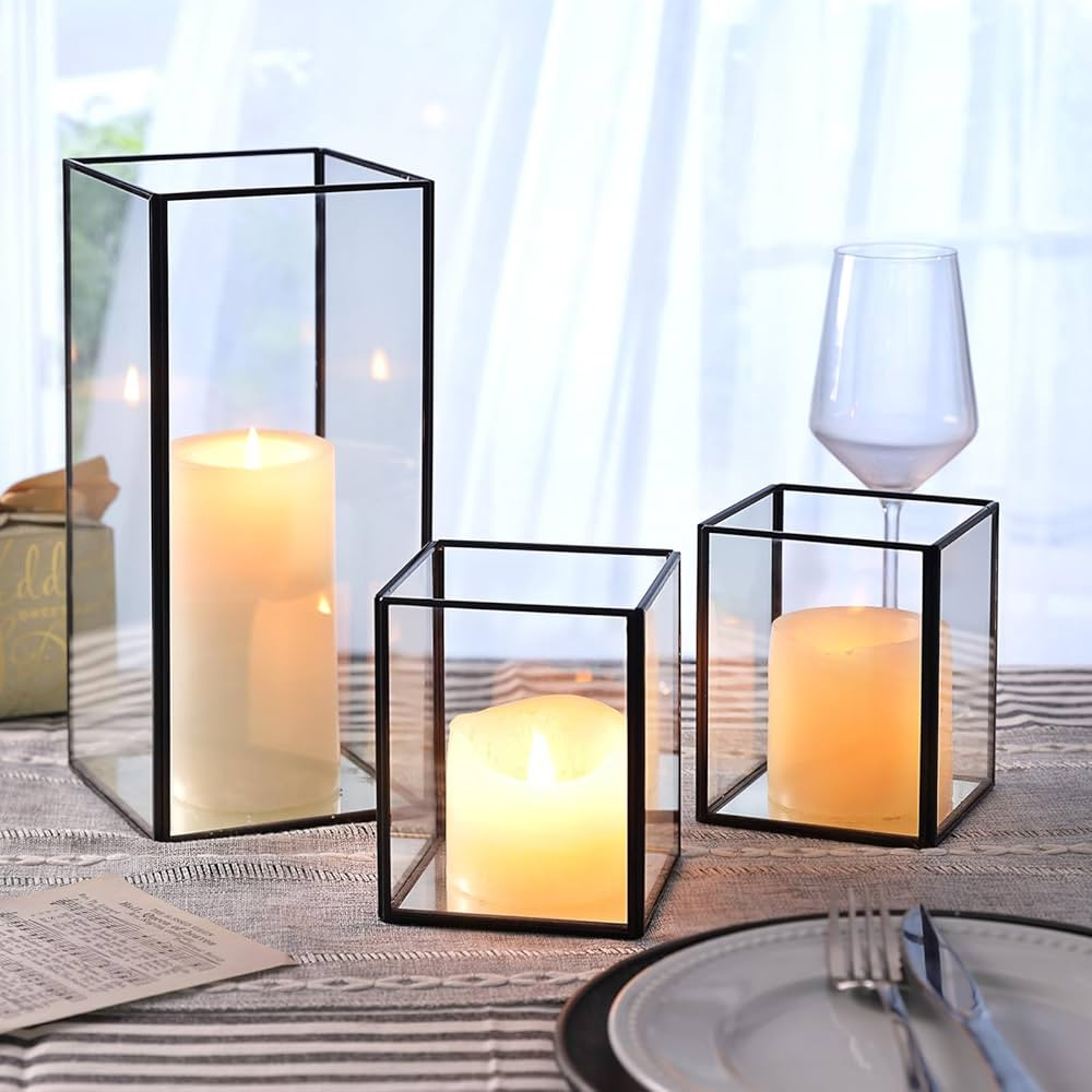 LAMORGIFT 3 Pcs Black Candle Holder- Black Hurricane Candleholders for Pillar Candles, Decorative... | Amazon (US)