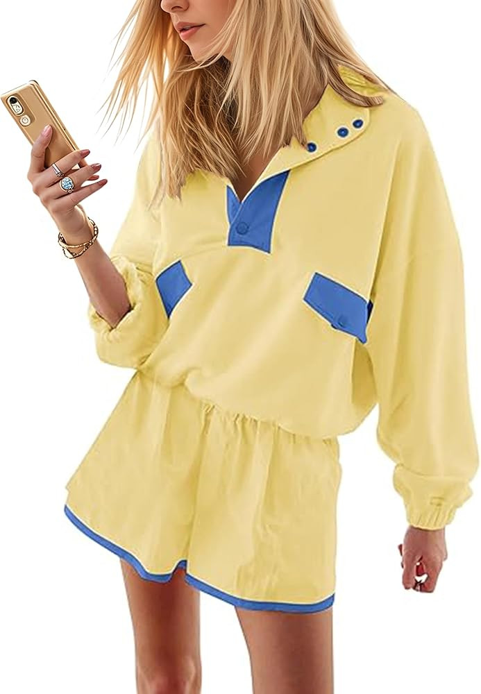 Womens 2 Piece Short Sets Loose Color Block Sweatshirts Short Set and Summer Long Sleeve Pullover... | Amazon (US)