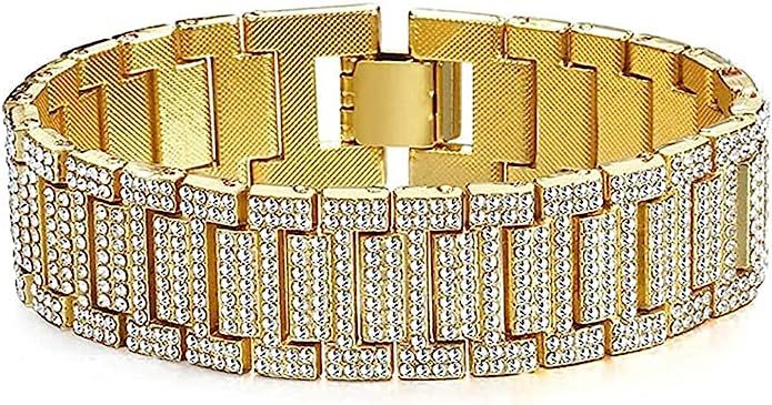 Apzzic 21mm Mens Iced Out Bracelet Bangle Hip Hop Gold Plated CZ Diamond Cuban Link Bracelet | Amazon (US)