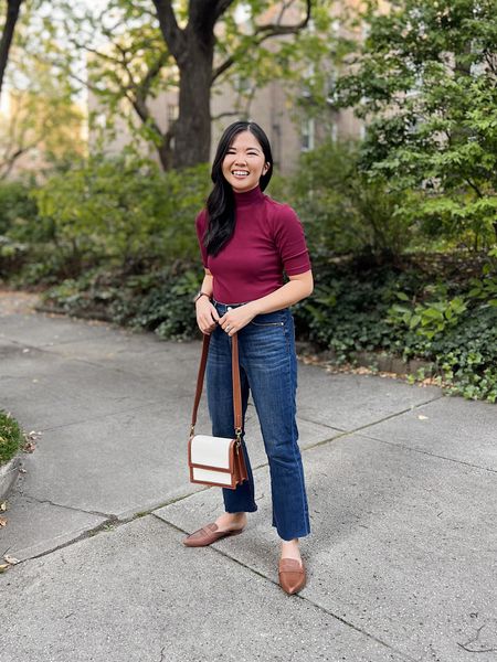 Casual outfit, fall weekend outfit, fall outfit, LOFT, Amazon fashion, Amazon finds: maroon top (XS), mock neck sweater, flare jeans, brown canvas bag, brown mule loafers (TTS).

#LTKunder50 #LTKSeasonal #LTKstyletip
