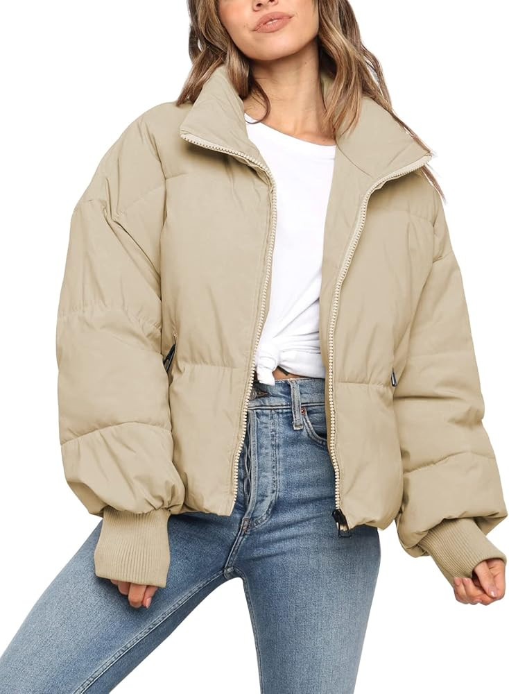 ZROZYL Women's Winter Puffer Down Jacket Long Sleeve Zipper Pockets Baggy Short Coats | Amazon (US)