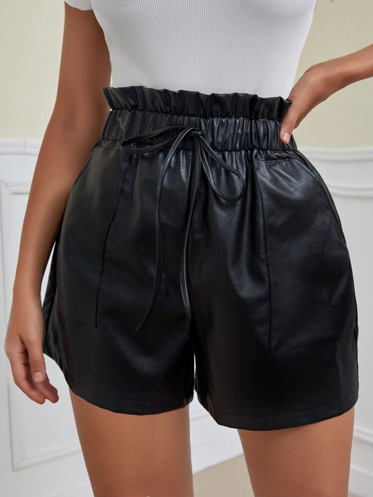 Paper Bag Waist Knot Front PU Leather Shorts | SHEIN