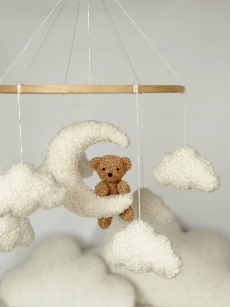 Mobile Teddy Bear Boucle Clouds Boucle Neutral Gender Mobile Nursery Decor Boucle Pregnancy Gift ... | Etsy (US)