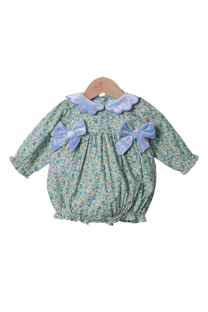 Blue Floral Velvet Bow Bubble | The Smocked Flamingo