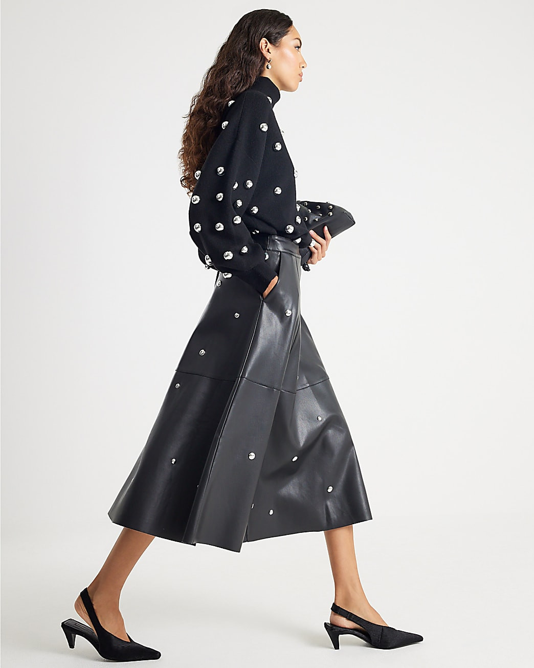 Black Faux Leather Studded A line Midi Skirt | River Island UK & IE