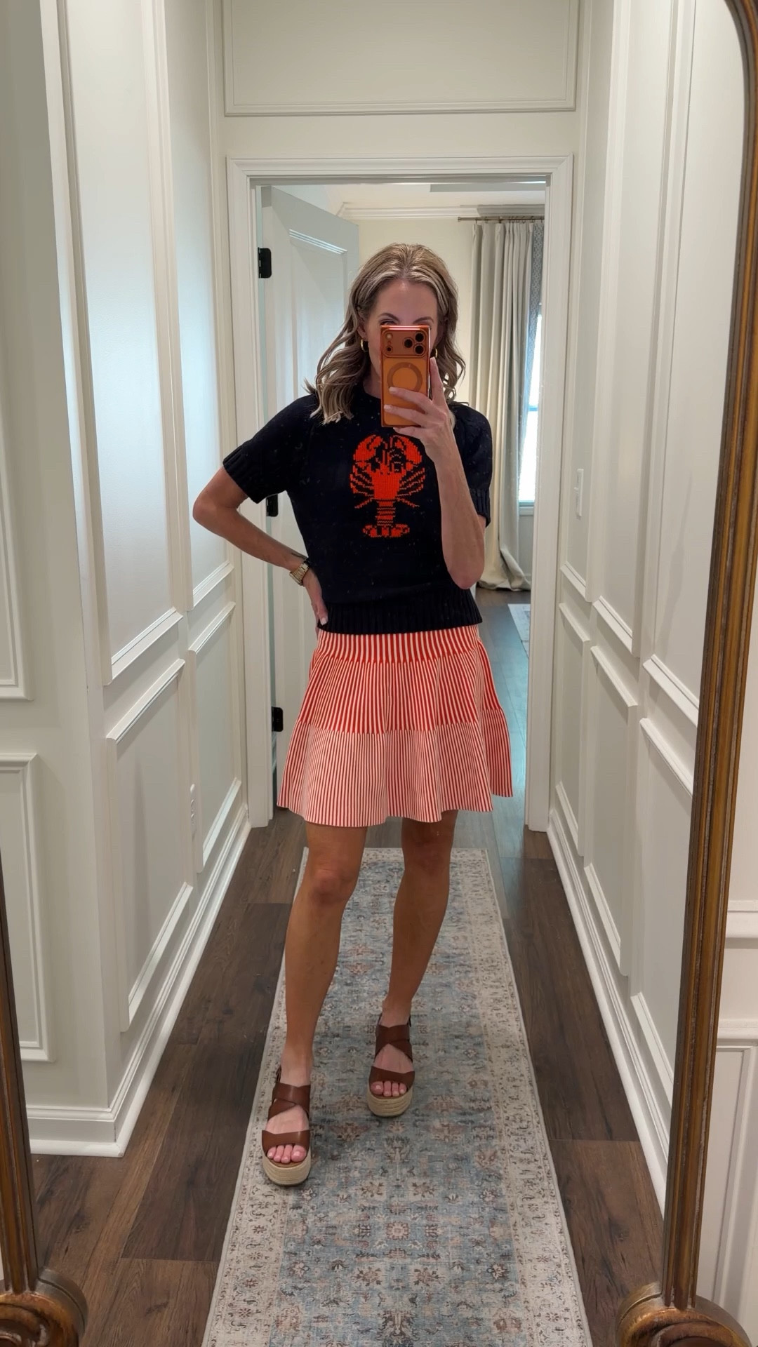 The look of spring is this popsicle orange striped ribbed tier mini skirt. I love it both in the blue and white and now in the orange and white looks so perfect with this rouge top and many of your other Walmart new arrivals wearing a size extra small in both.