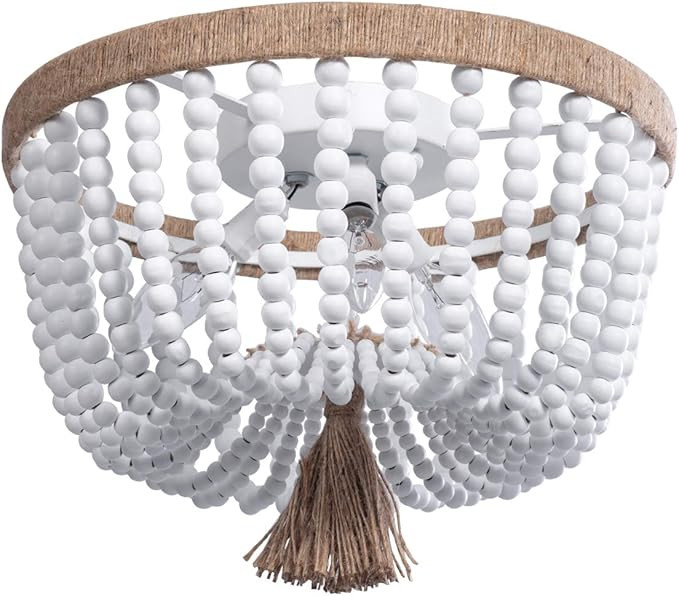 VILUXY Bohemia Wood Beaded Flush Mount Ceiling Light Antique Rustic Mini Chandelier White Finishi... | Amazon (US)