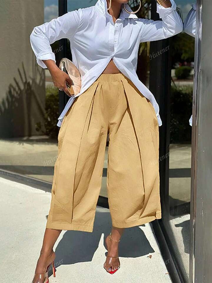 Women's Casual Khaki Wide Leg Pants With Elastic Waist And Pockets - Stylish And High-Quality Relaxed Fit Trousersm,Fall Clothes For Women | SHEIN