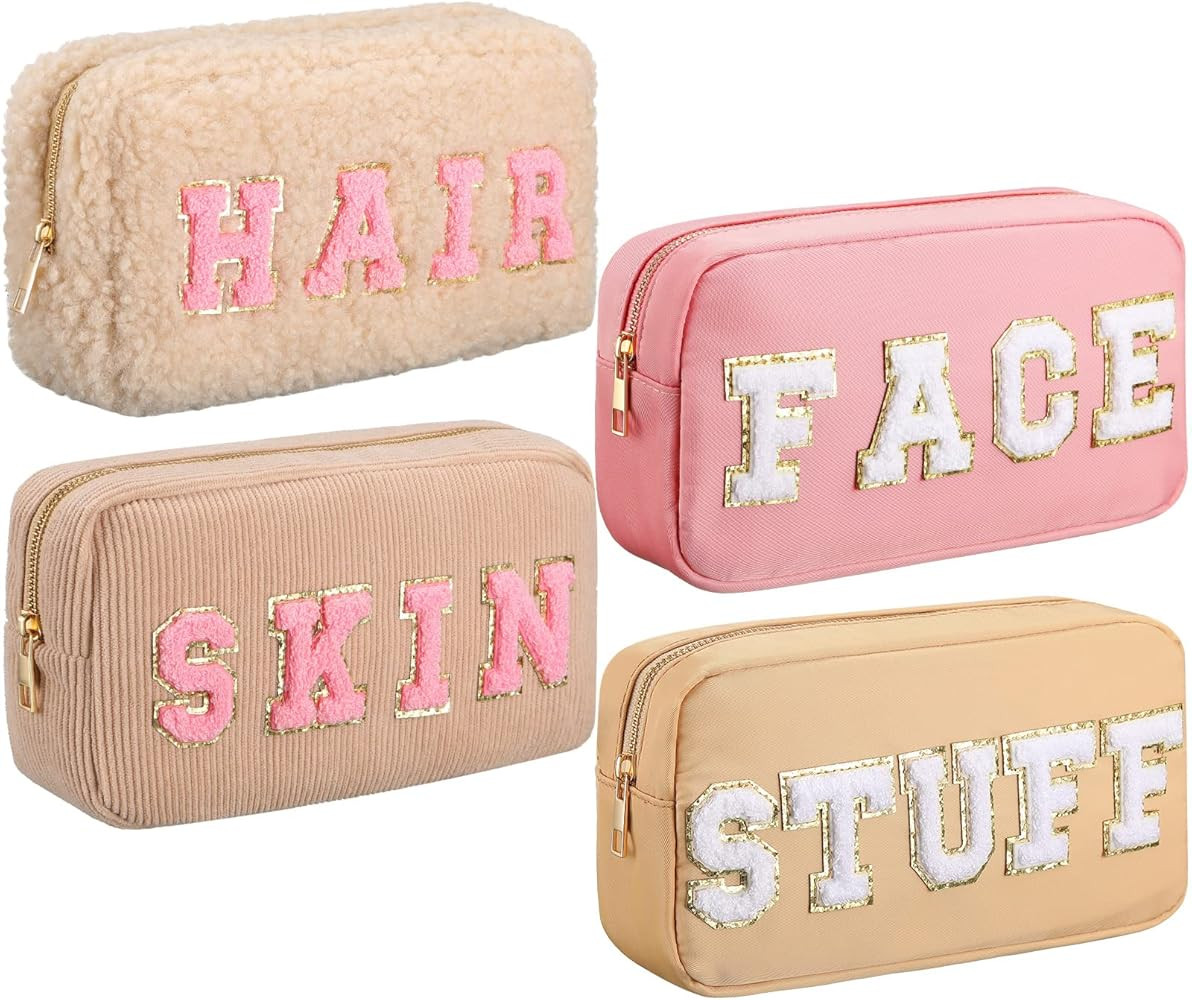 Kajaia 4 Pcs Nylon Chenille Letter Bag Pouches Cosmetic Makeup Toiletry Bag Cute Makeup Bags for ... | Amazon (US)