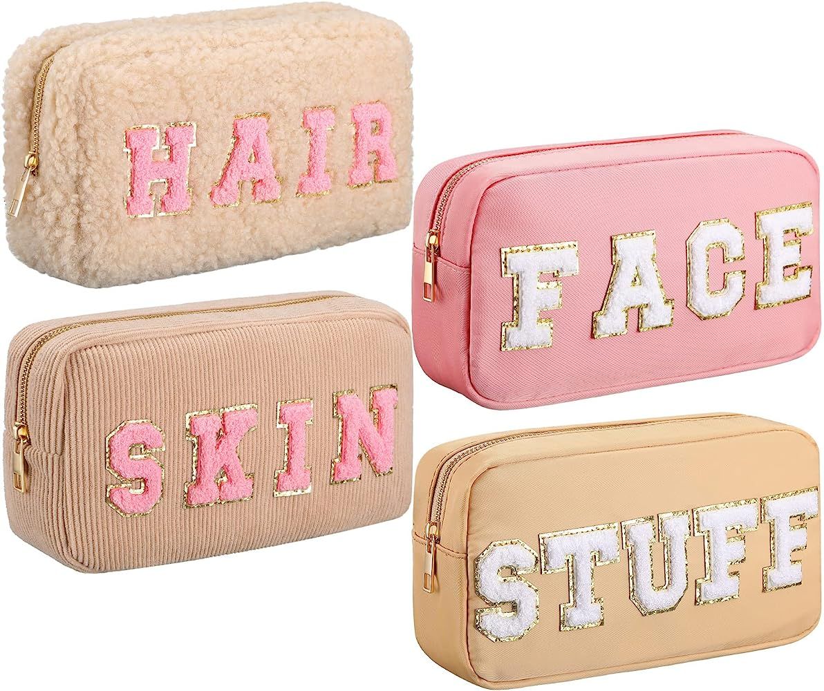 Kajaia 4 Pcs Nylon Chenille Letter Bag Pouches Cosmetic Makeup Toiletry Bag Cute Makeup Bags for ... | Amazon (US)