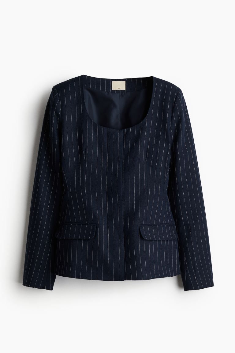 Fitted-waist Linen Jacket - Navy blue/pinstriped - Ladies | H&M US | H&M (US + CA)