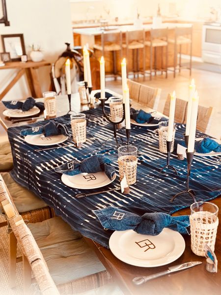 Welcome dinner at the ranch! We have a Summer Educator, Hillary, that moved to the ranch with us to educate the children each day and this was the table setting for her welcome dinner. 
These remote control tapper candles are AMAZING and the candlesticks are new as well.
My good friend, Betsey, bought me these denim napkins and had them embroidered with a Ranch logo. I’m so obsessed with them and it was such a thoughtful gift. at the ranch, dinner is a big part of our entertainment, so I am sure to set the table every night to match the meal. 

#LTKhome #LTKfamily #LTKunder100