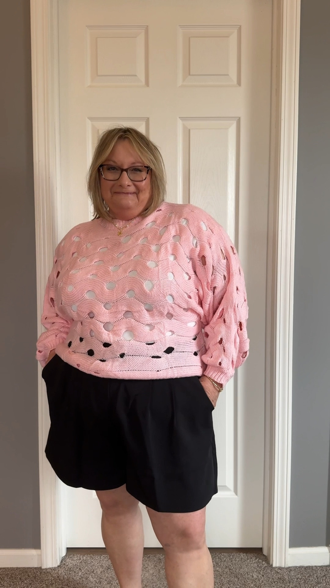 On of my favorite spring sweaters! Big knit sweaters are on trend for spring fashion. 

#springsweater #springfashion #affordablesweaters #amazonsweaters

Big knit sweater, pink sweater, black ruffle shorts, plus size outfits, spring sweater, spring fashion