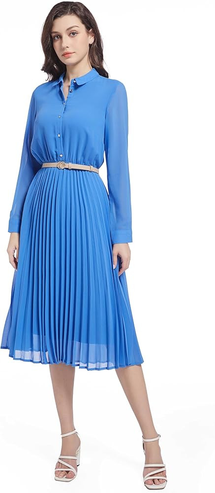Business Casual Shirt Dress for Women Long Sleeves Pleated Midi Dresses with Belt | Amazon (US)