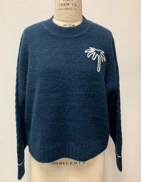 Women's Cable Sleeve Sweater with Embroidery in Deep Navy | Sundry Clothing