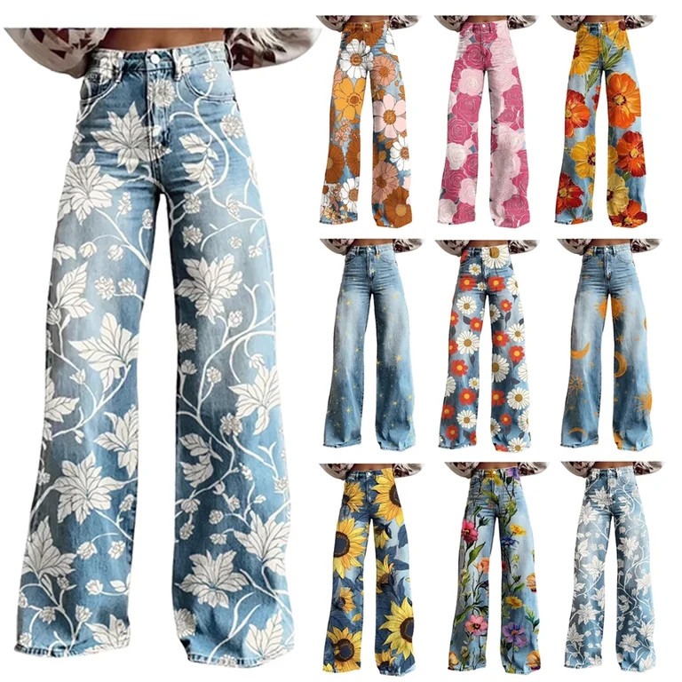 Taqqpue Jeans for Women Floral High Waisted Straight Leg Stretchy Jeans Loose Fit Cute Printed De... | Walmart (US)