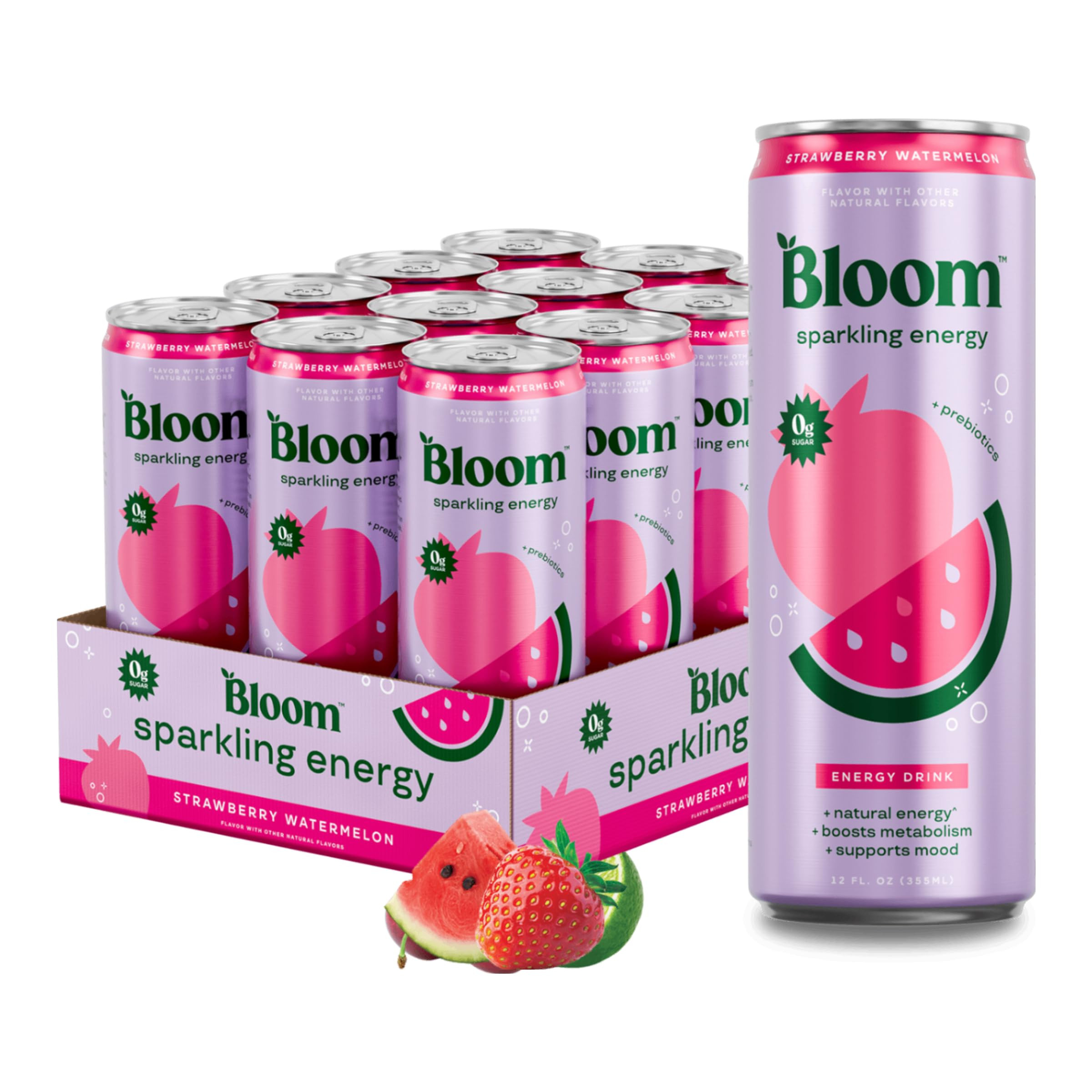 Bloom Nutrition Sparkling Energy Drink - Natural Caffeine, Zero Sugar, 180mg Caffeine - Antioxidant-Rich with Green Coffee Bean, Green Tea Extract, Prebiotics - Strawberry Watermelon - 12oz 12 Pack | Amazon (US)