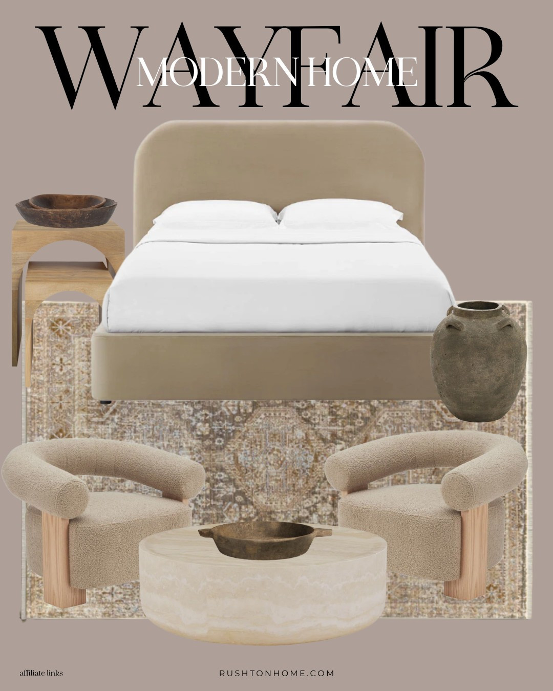 This curved headboard is trending right now, especially in this darker beige color! I love these modern accent chairs paired with it. But the real stunner is this  light stone-look coffee table! What a piece!!

I've been loving these @wayfair home finds! This inspiration pulls together a vibe that feels antique, european, earthy and yet still modern.

Home decor, home design, interior design, furniture, console table, accent chairs, vases, candlesticks, bench, cabinet, sideboard, dining table, bedframe, coffee table, coffee table styling
 

 

#LTKWatchNow #LTKHome #LTKSaleAlert