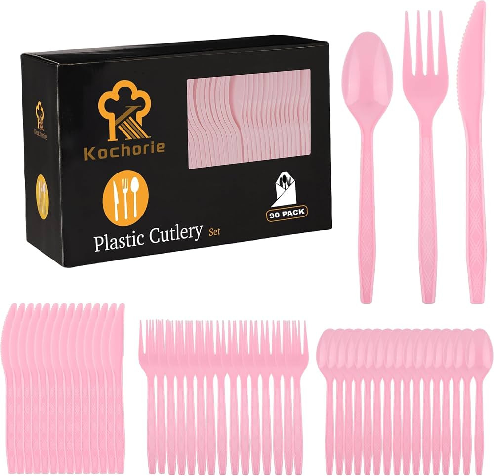 Kochorie 90 Pieces Pink Plastic Cutlery Set Disposable Plastic Utensils Heavy Duty Flatware Set I... | Amazon (US)