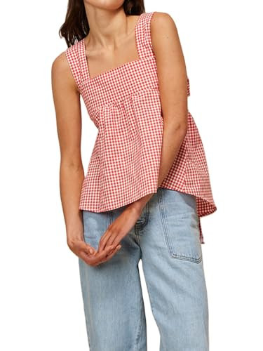 Women Y2k Gingham Tank Top Sleeveless Square Neck Plaid Tank Top Tie Back Ruffle Hem Peplum Tops Summer Streetwear (Red, L) | Amazon (US)