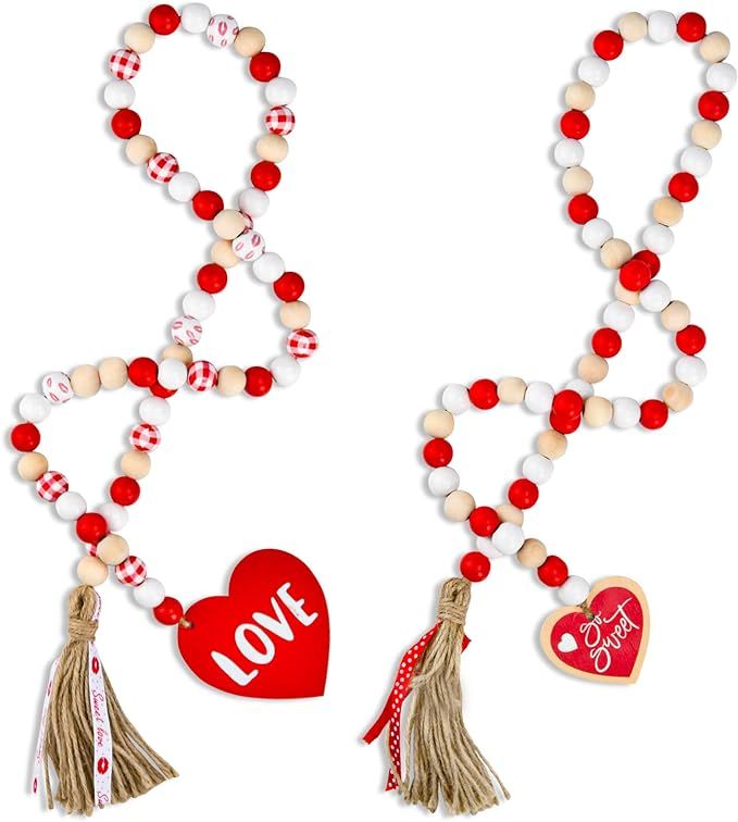 2PC Valentine's Day Wood Bead Garland with Tassels 41.7inch Sweet Love Wooden Bead Garlands with ... | Amazon (US)