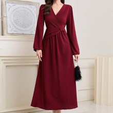 Solid Surplice Neck Wrap Detail Aline Dress | SHEIN