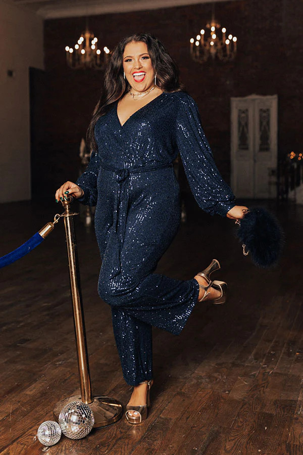 Heart Filled With Love Sequin Jumpsuit In Navy Curves | Impressions Online Boutique