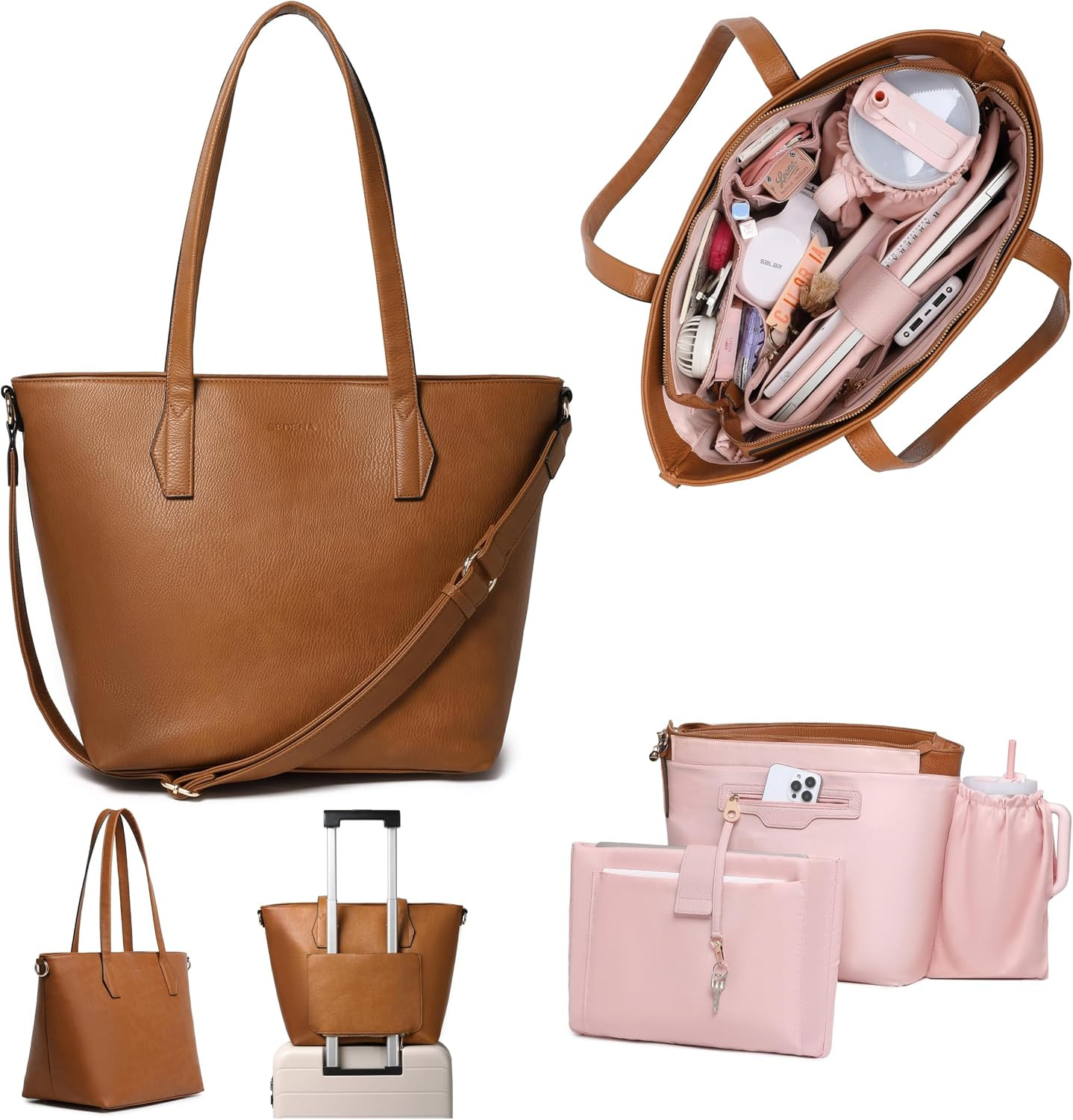 Women’s 16” Laptop Tote Bag, Vegan Leather Work Bag with Cupholder, RFID & Anti-Pickpocket Trolley Sleeve | Amazon (US)