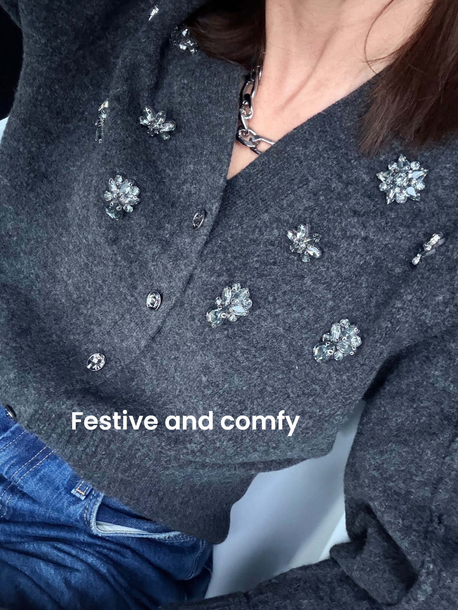 This embellished cardi the perfect way to feel festive, comfy and 100% me. Great with jeans but I’ll also be wearing it with leather trousers, a satin skirt and floaty satin trousers x
I wear a medium x