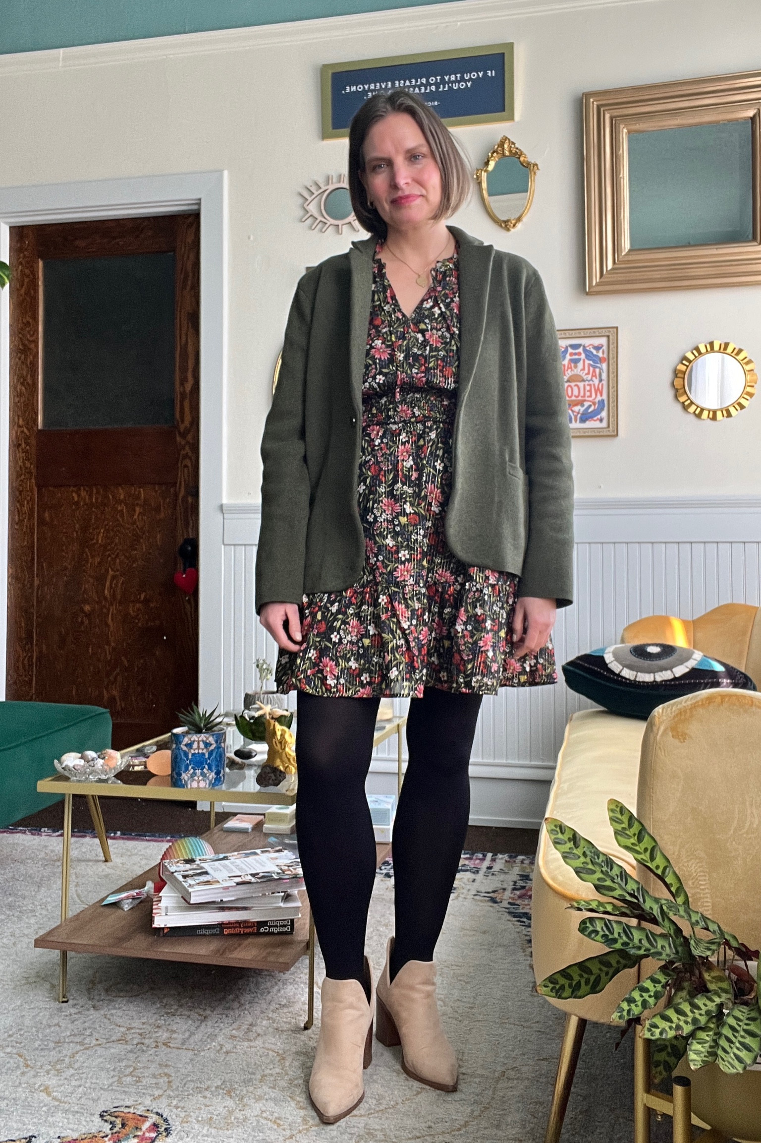 Classic capsule wardrobe pieces!
Outfit code: blazer + floral dress + tights + boots 

#LTKSeasonal #LTKover40 #LTKmidsize