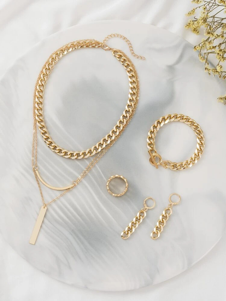 Chain Design Drop Earrings & Ring & Necklace & Bracelet | SHEIN